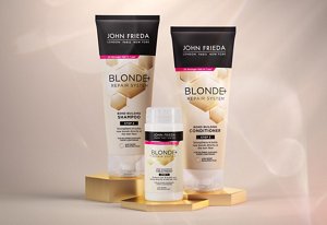 Pack shot of John Frieda's blonde-protecting range of haircare products